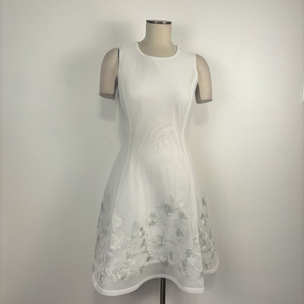 DKNY Womens 6 White Embroidered Dress Silver Floral Fit Flare Mesh Sleeveless - Picture 2 of 10